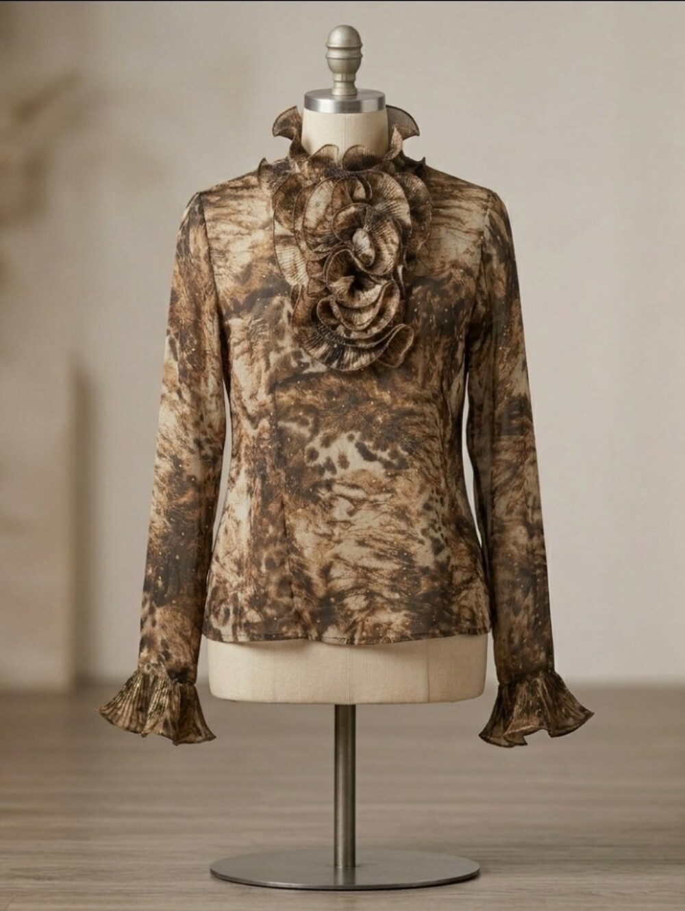 Simon Chang Animal Print Ruffled Sheer Button Down Shirt Top Women's Size 10